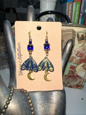 Polymer clay handmade vintage Style Gold and Deep Blue moth Drop Earring
